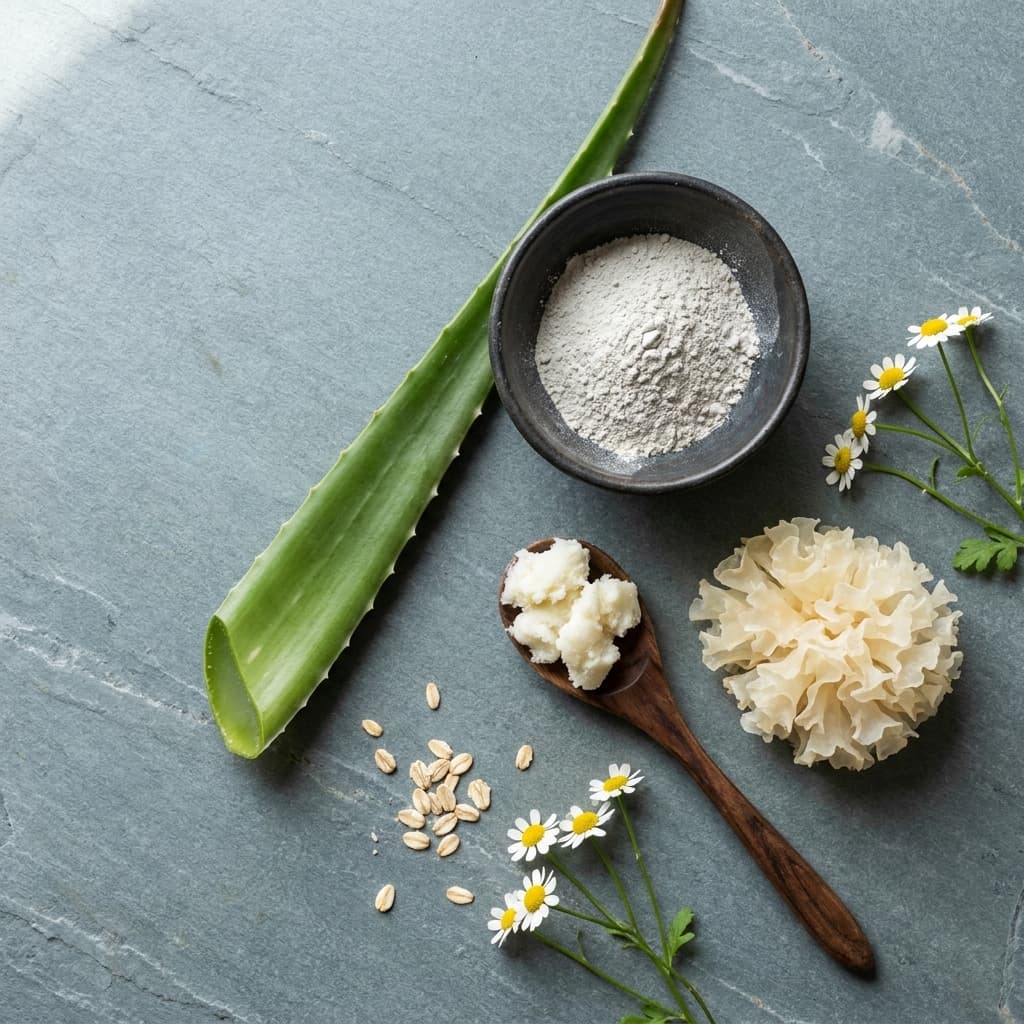 Editorial flatlay — aloe vera leaf, kaolin clay in stoneware, raw shea butter on wooden spoon, tremella mushroom, chamomile, oats — on natural slate