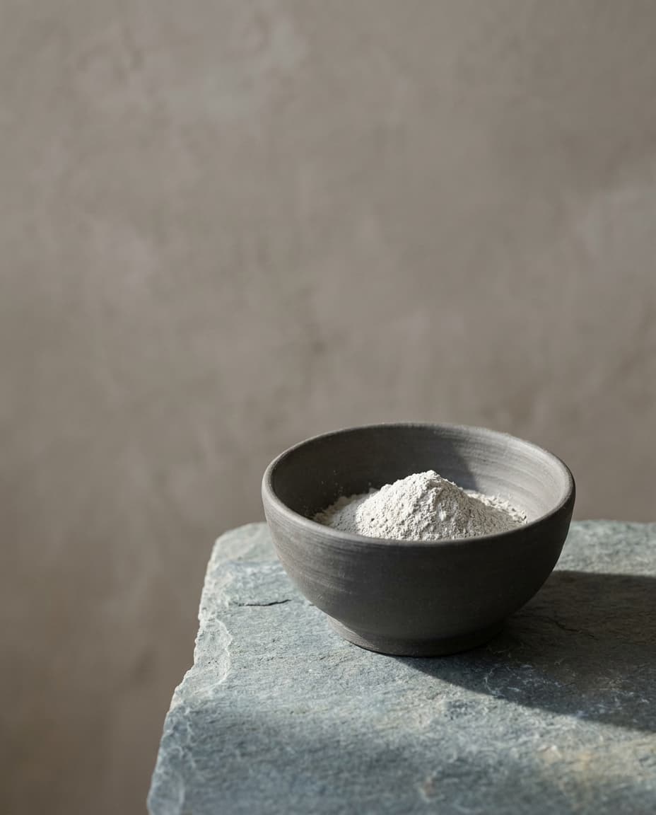 Fine white kaolin clay heaped in a shallow stoneware dish, lit from the side so the powder's softness shows
