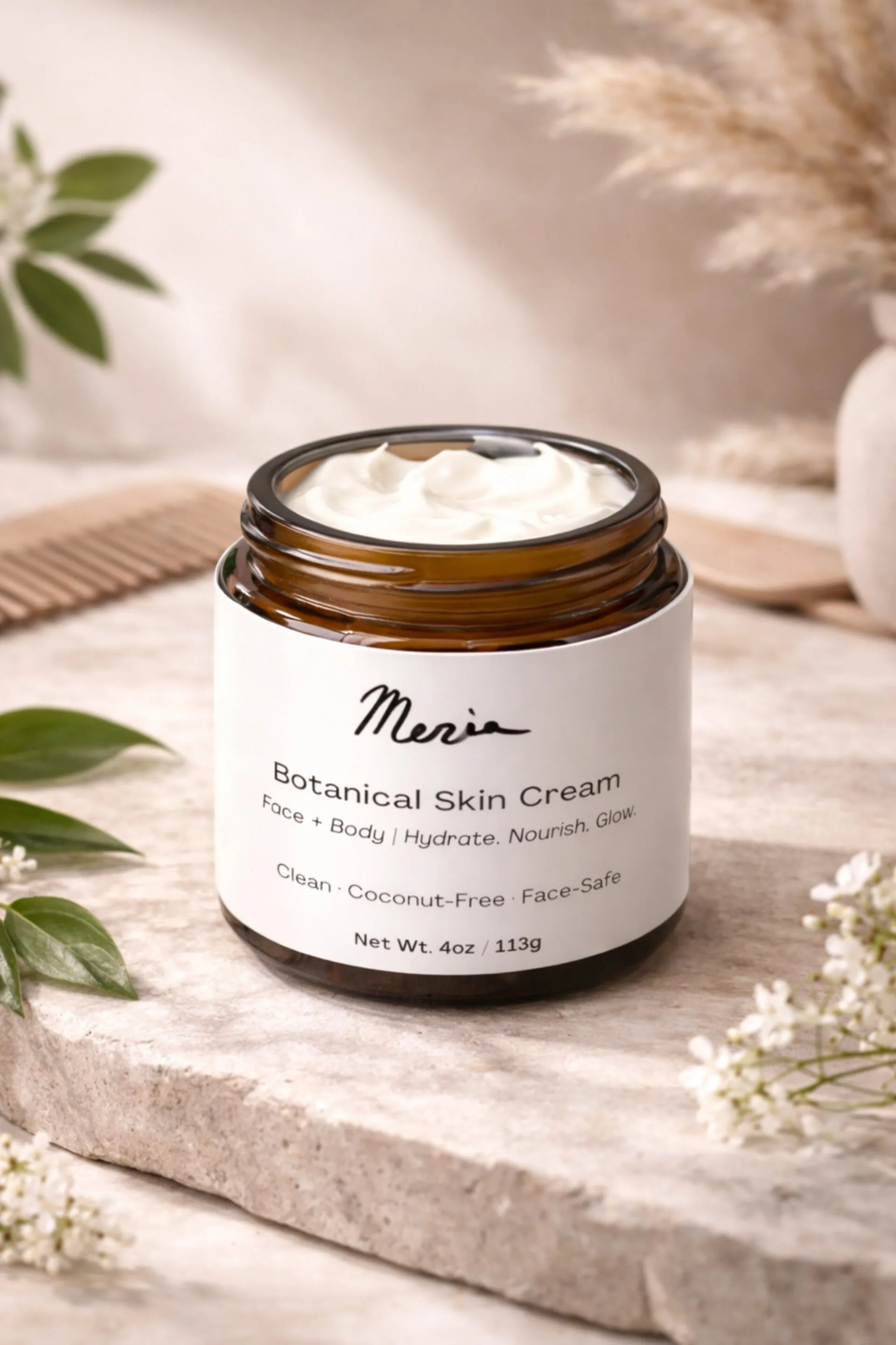 Meria Botanical Skin Cream in a 4 oz amber glass jar