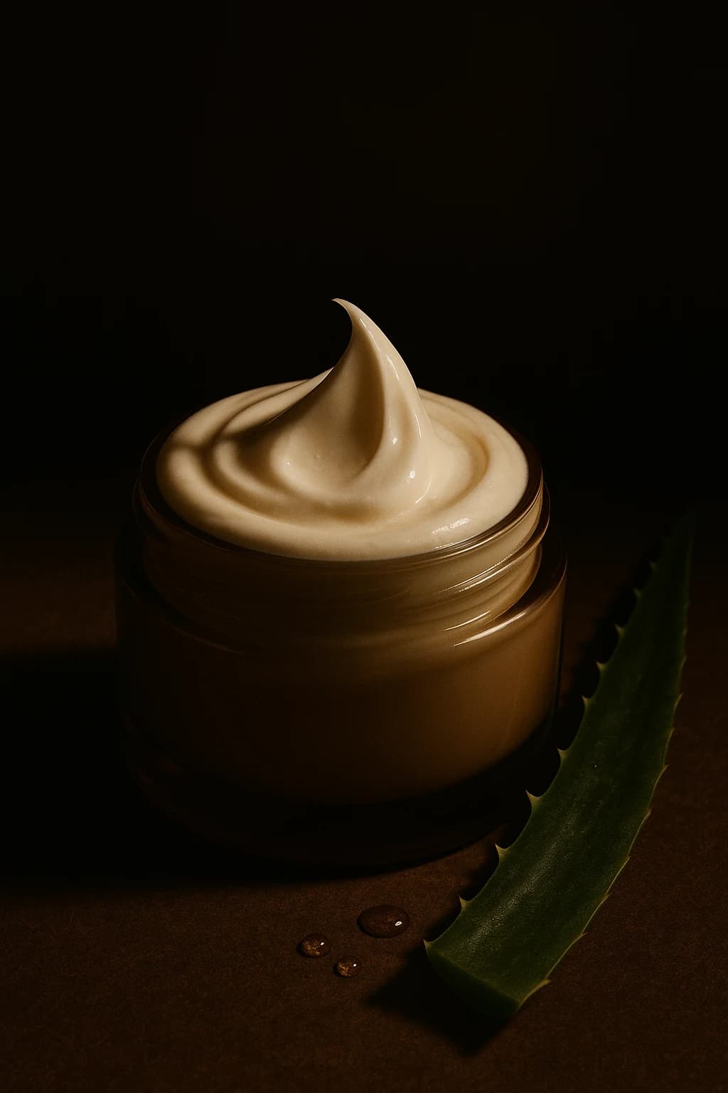 A swirl of botanical cream catching warm light against a dark ground, beside a fresh aloe blade