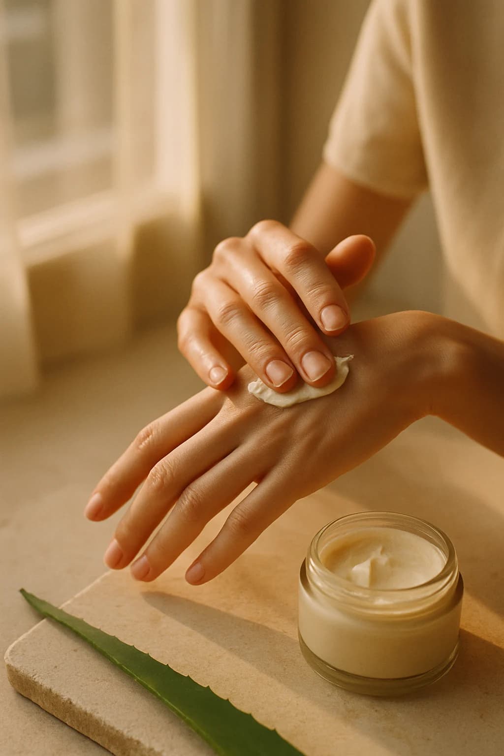 Two hands working cream between the fingertips above a small open jar, lit from a window.