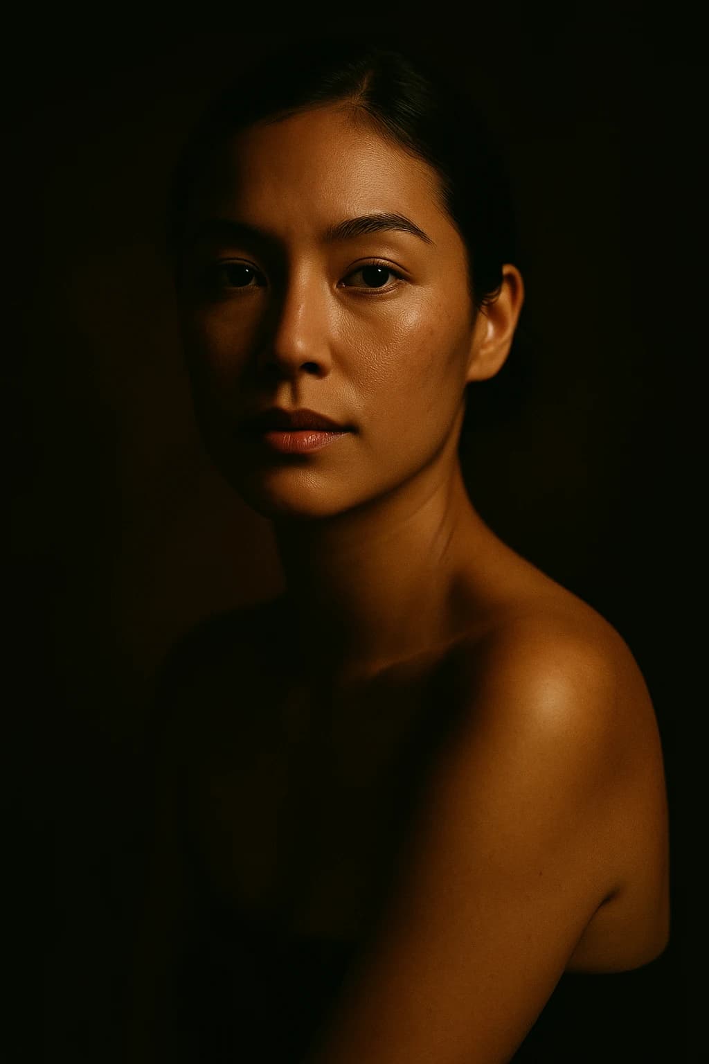 A woman with luminous, well-cared-for skin in warm low light