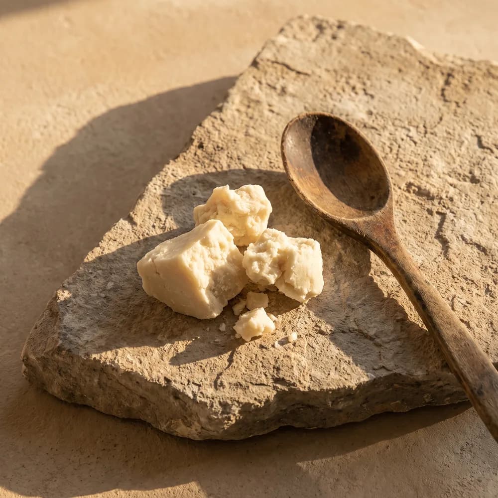 Raw unrefined shea butter broken beside a wooden spoon on rough limestone