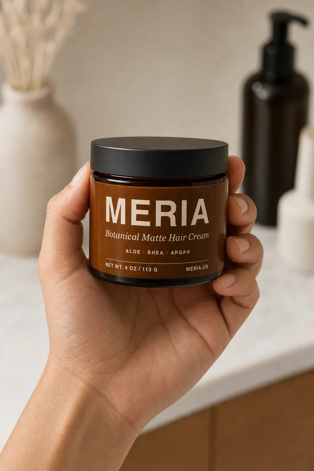 A hand holding a jar of Meria Botanical Matte Hair Cream above a pale bathroom counter.