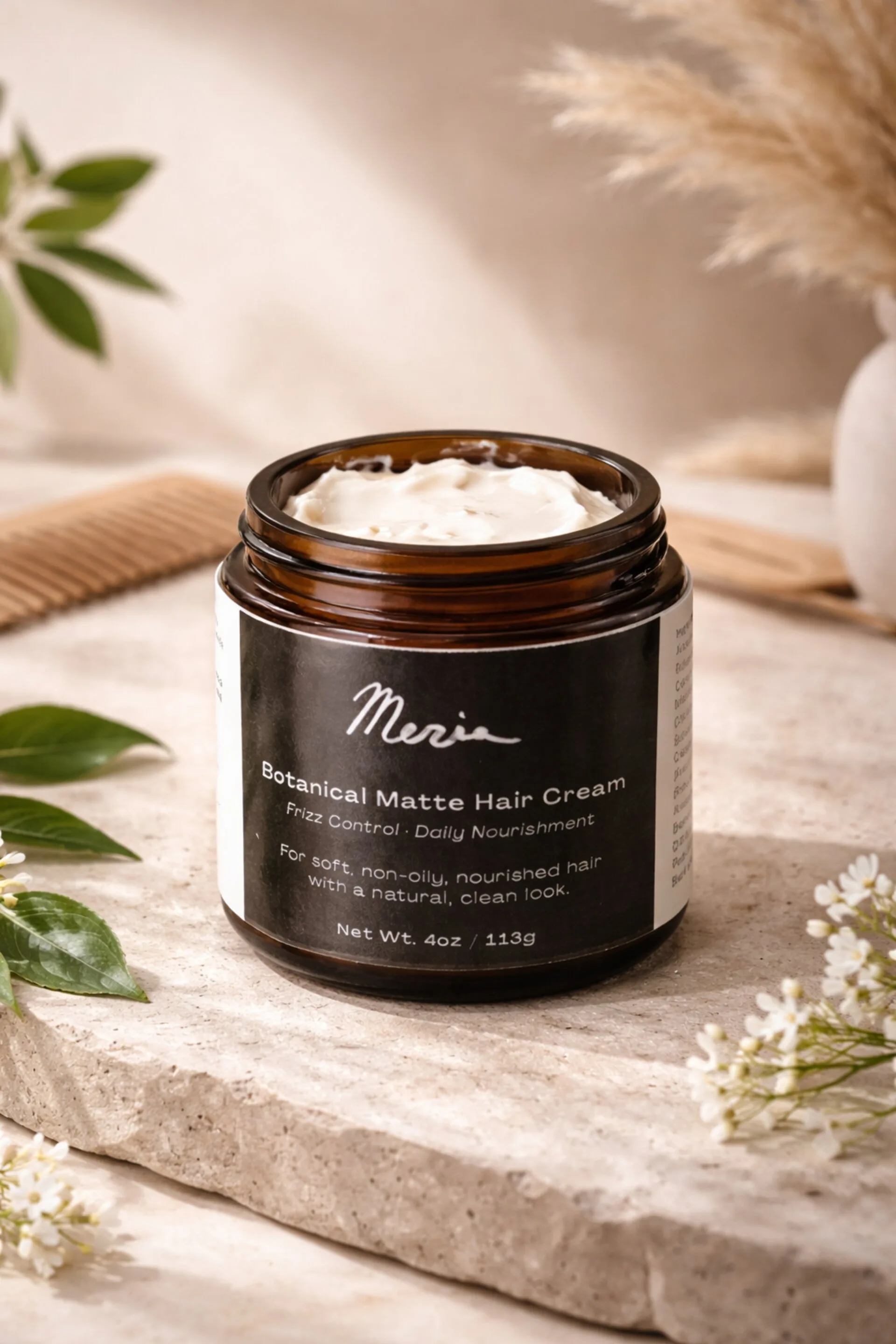 Meria Botanical Matte Hair Cream in a 4 oz amber glass jar