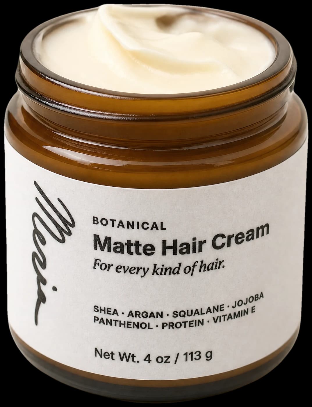 An open jar of Meria hair cream, the cream visible