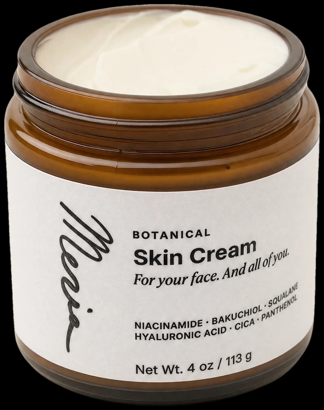 An open jar of Meria skin cream, the cream visible